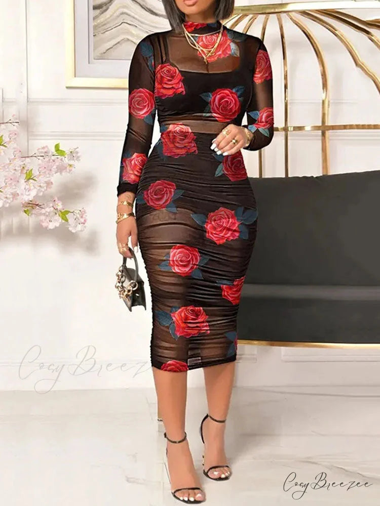 3D Floral Choker Detail Strapless Classic Bodycon Party Midi Dress - Turquoise Red / S