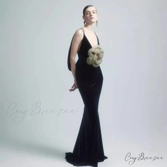 3D Floral Open-Back Satin Prom Dress black / XS promdress-250223