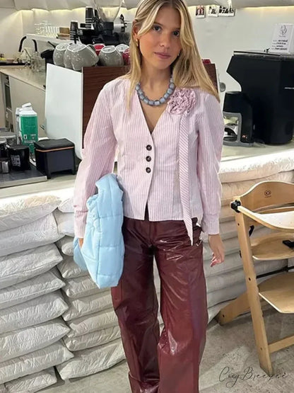 3D Floral Splicing V Neck Pink Blouse Pink / S blouse-250223