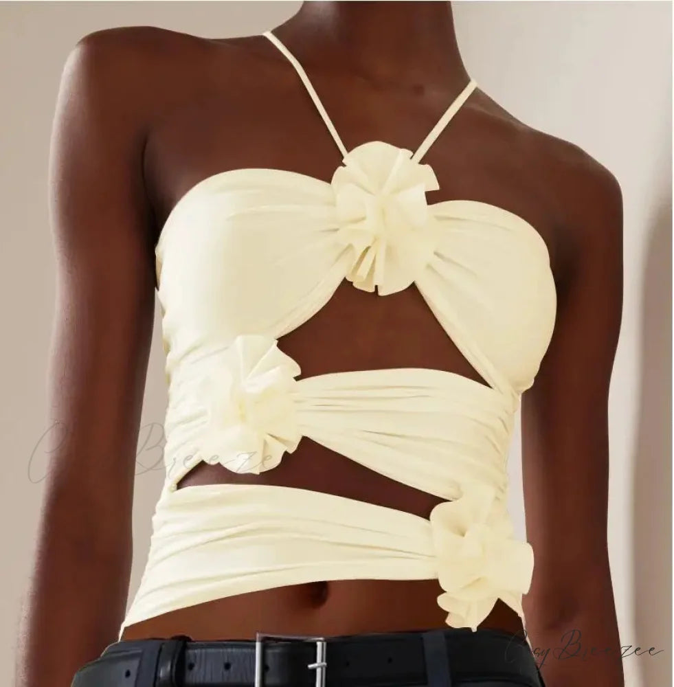 3D Floral Strap Halter Bodycon Crop Top APRICOT / S croptop-250126