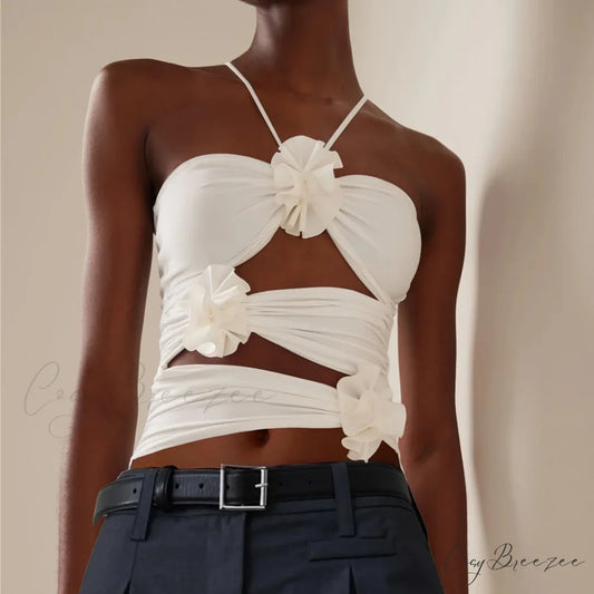 3D Floral Strap Halter Bodycon Crop Top WHITE / S croptop-250126