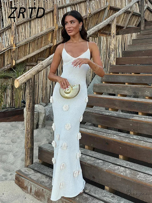 3D Floral V-neck Backless Lace-up Maxi Dress floraldress-250126