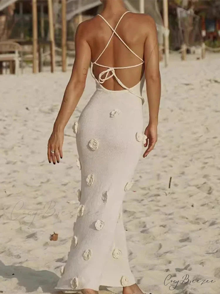 3D Floral V-neck Backless Lace-up Maxi Dress floraldress-250126