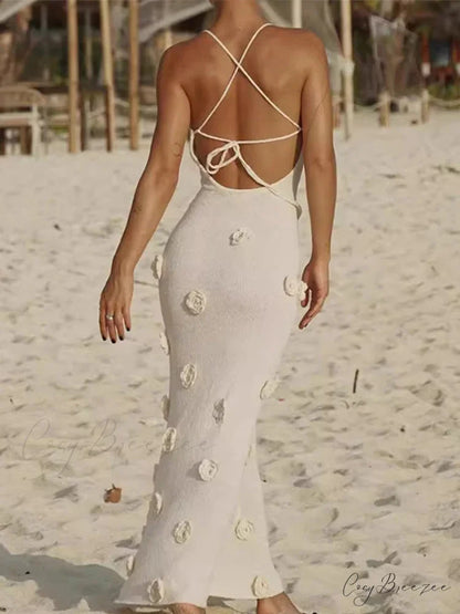 3D Floral V-neck Backless Lace-up Maxi Dress floraldress-250126