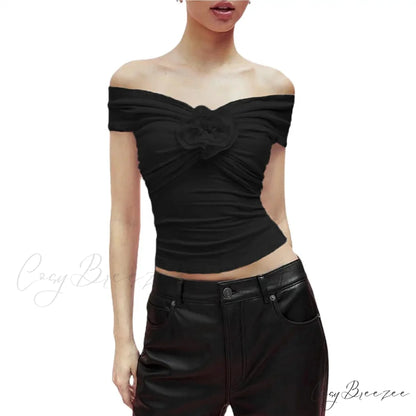 3D Flower Contrast Crop Top black2 / S croptop-250223