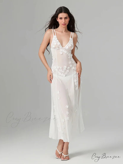 3D Flower Decor Backless Deep V Slit See-Through Beach Dress floraldress-250126
