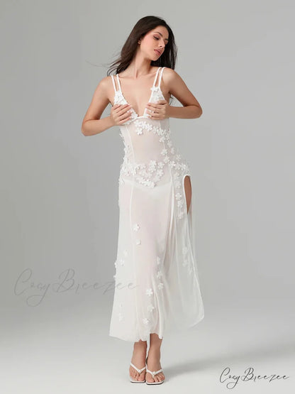 3D Flower Decor Backless Deep V Slit See-Through Beach Dress WHITE / S floraldress-250126
