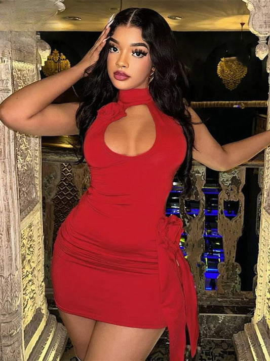 3D Flower Decoration Red Vacation Dresses Sexy Hollow Backless Bodycon Christmas Party Dress Red / S