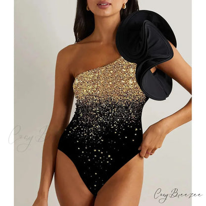 3D Flower Gold Swimsuit black2 / S onepiece-250223