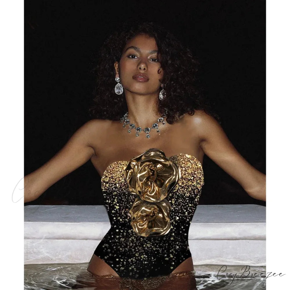 3D Flower Gold Swimsuit onepiece-250223