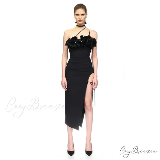 3D Flower Halter Bodycon Party Dress Black / XS