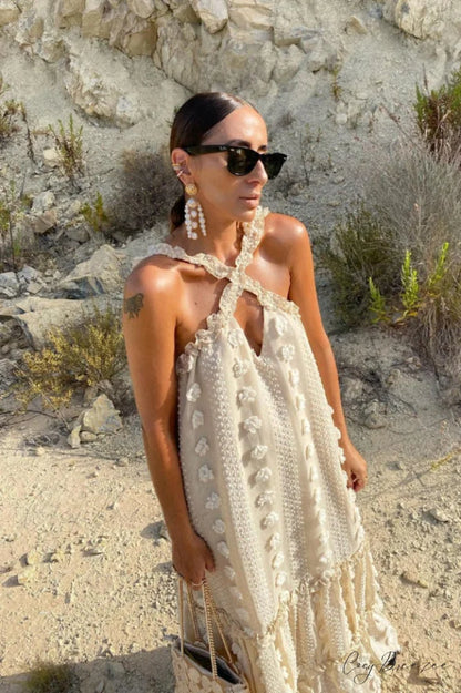 3D Flower Patchwork Charming Halter Maxi Dress