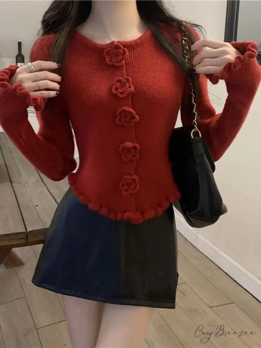 3D Flower Solid Long Sleeve Cardigan Red / S