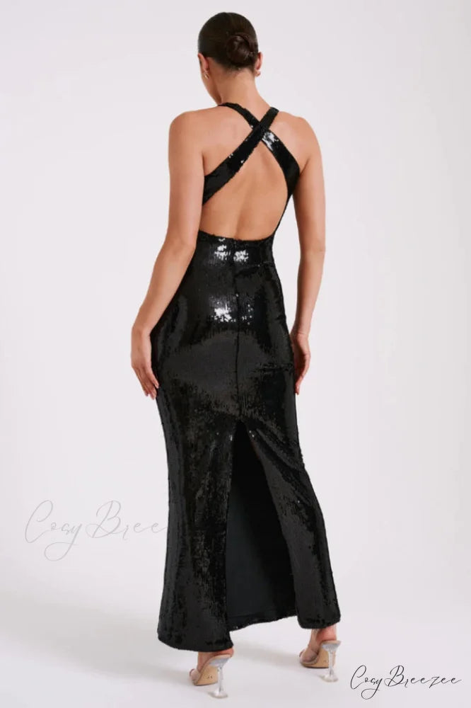 3D Flower Stylish Black Sequin Gown