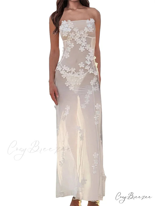 3D Flowers Patchwork Tube for Women Strapless Off Shoulder Mesh Sheer See Through Summer Vestidos WHITE / S