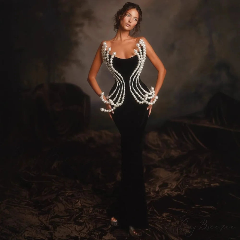 3D Pearl Strapless Bandage Formal Dress black / XS promdress-250223