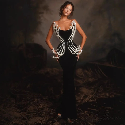 3D Pearl Strapless Bandage Formal Dress black / XS promdress-250223