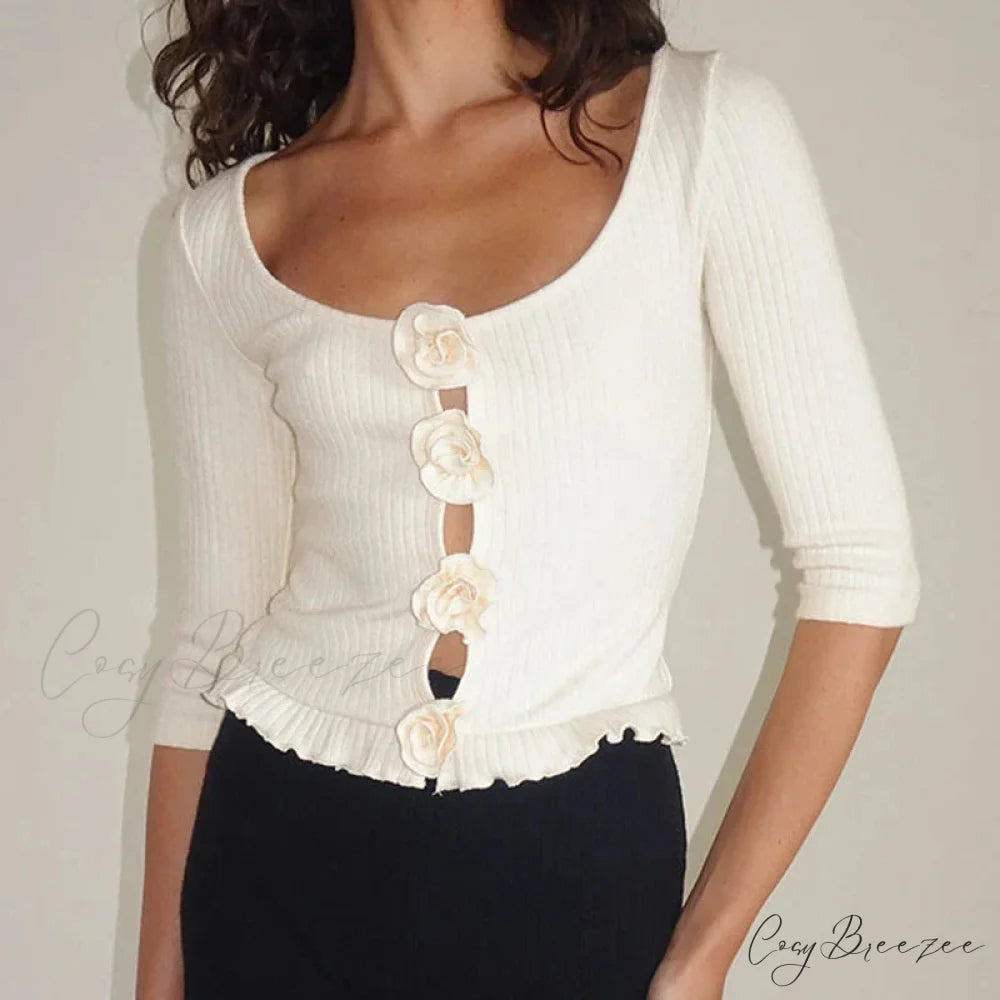 3D Rosette Front Hollow Out Vintage Half Sleeve Elegant Lady Slim Fit Y2K Crop Top croptop-250126