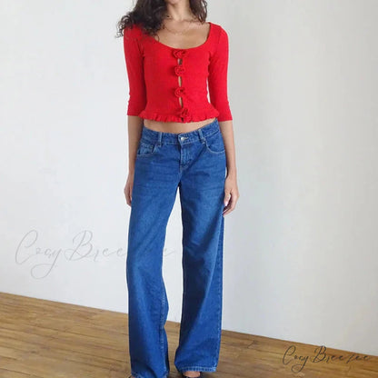 3D Rosette Front Hollow Out Vintage Half Sleeve Elegant Lady Slim Fit Y2K Crop Top croptop-250126