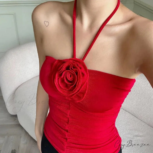 3D Rosette Halter Crop Top Red / S croptop-250223