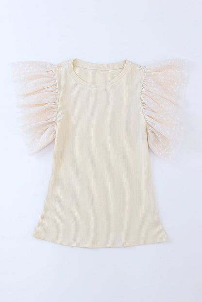 Apricot Ruffle Mesh Ribbed Knit Arm Top