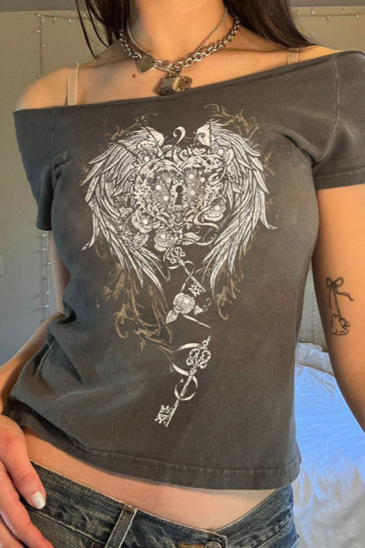Off Shoulder Wing Print T-shirt