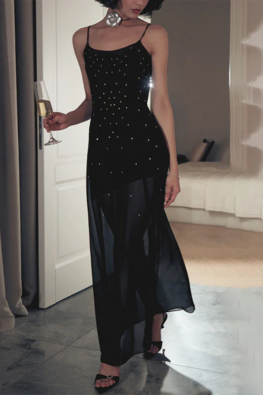 Sparkling Mesh Spliced Cami Long  Party Dress