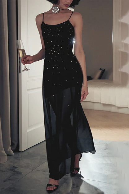 Sparkling Mesh Spliced Cami Long  Party Dress