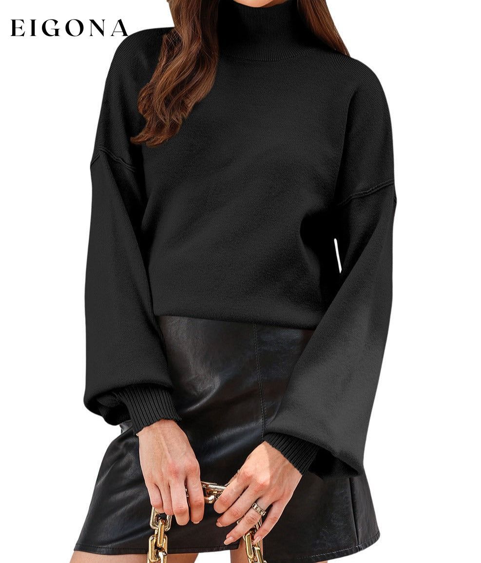 Cosybreezee - Black Turtleneck Drop Shoulder Bubble Sleeve Knit Sweater