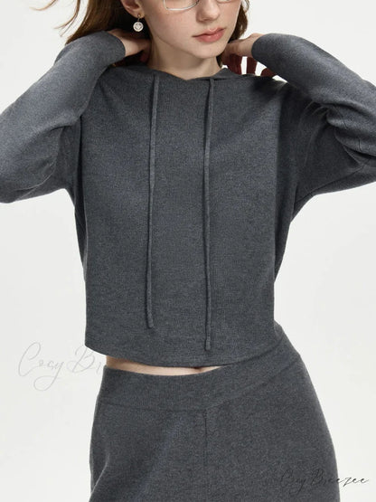 4.1% Wool Short Hooded Chic Knitwear Sweater Gray Top / XS swraters-241228