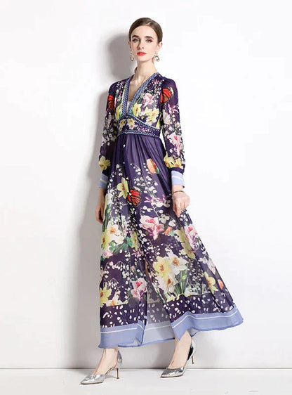 V-Neck Chiffon Printed Long Dress for Summer