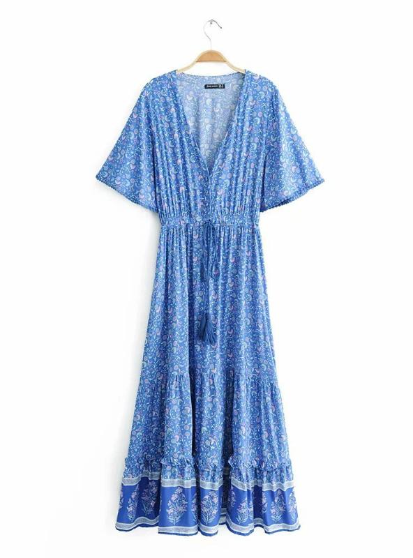 Ruffled V-Neck Maxi Dress with Short Sleeves