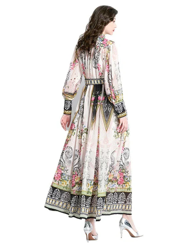 Retro Long Sleeve Printed Maxi Dress