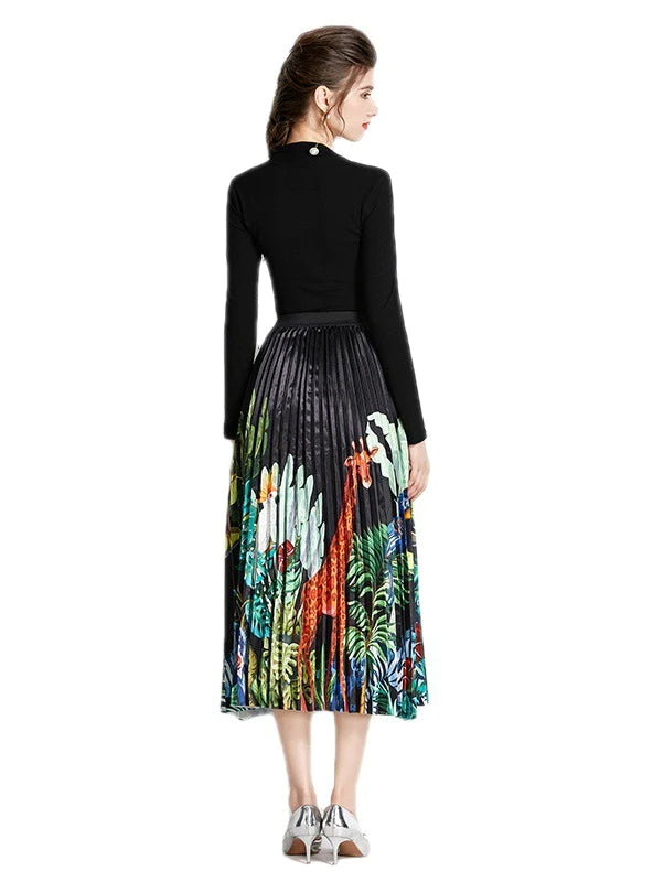 Retro Square Neck Long Sleeve Top with Printed Pleated Skirt Suit