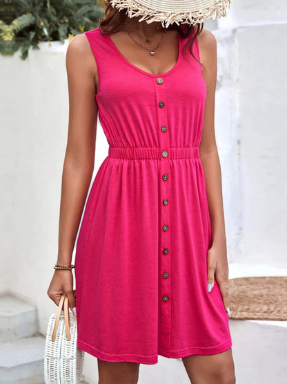 Sleeveless Vest Button Round Neck Dress in Solid Color