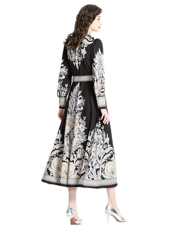 Vintage Lapel Lantern Sleeve Printed Dress