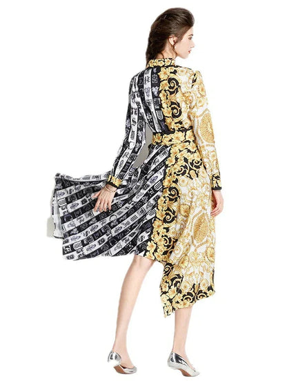 Retro Long Sleeve Printed Irregular Dress