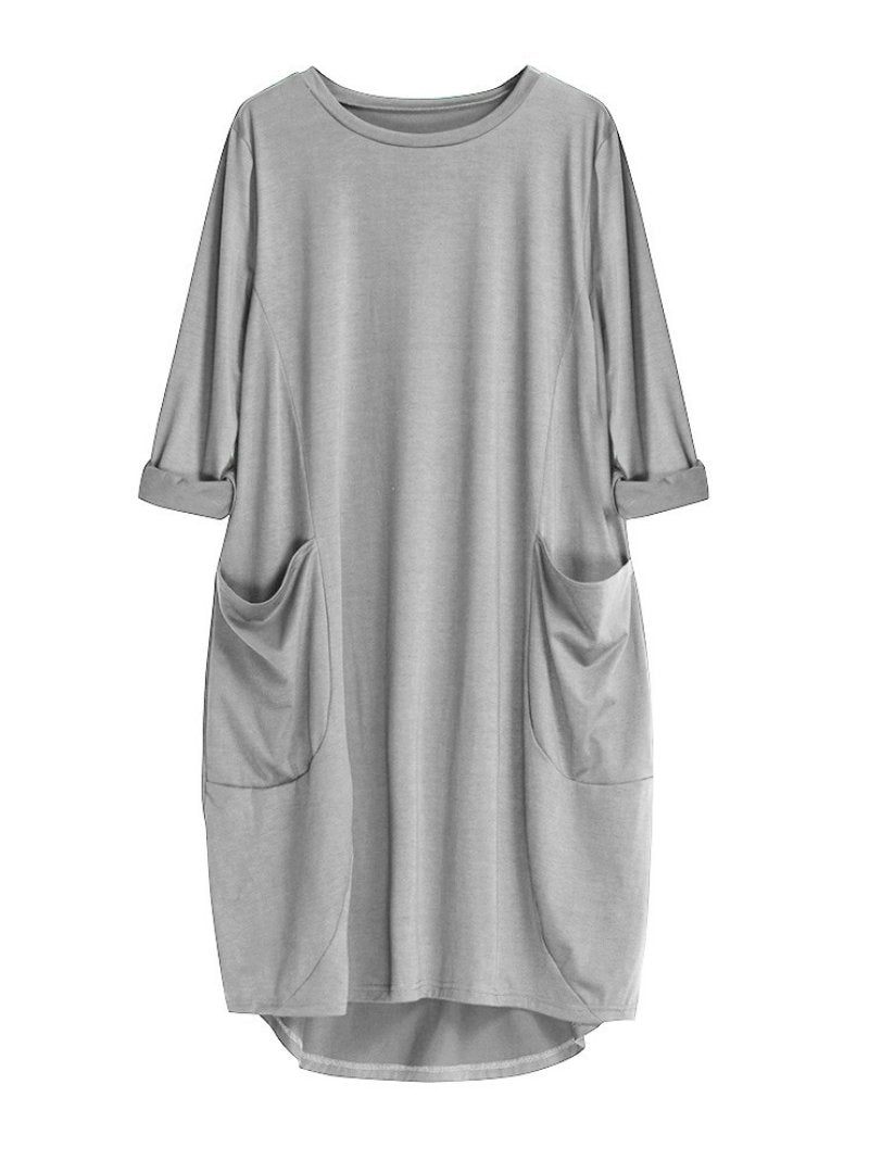 Womens Pocket Loose Dress Crew Neck