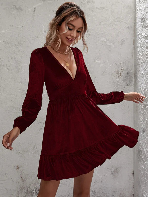 Velvet Ruffled Dress with Deep V-Neck and Puff Sleeves