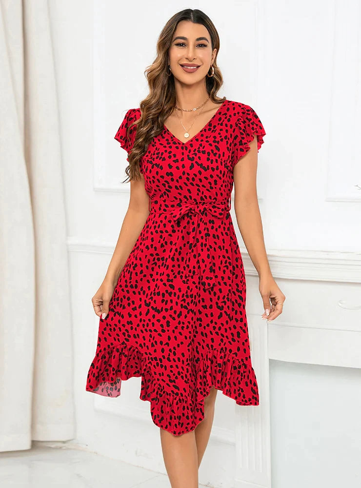 V-Neck Short Sleeve Leopard Print Irregular Dress