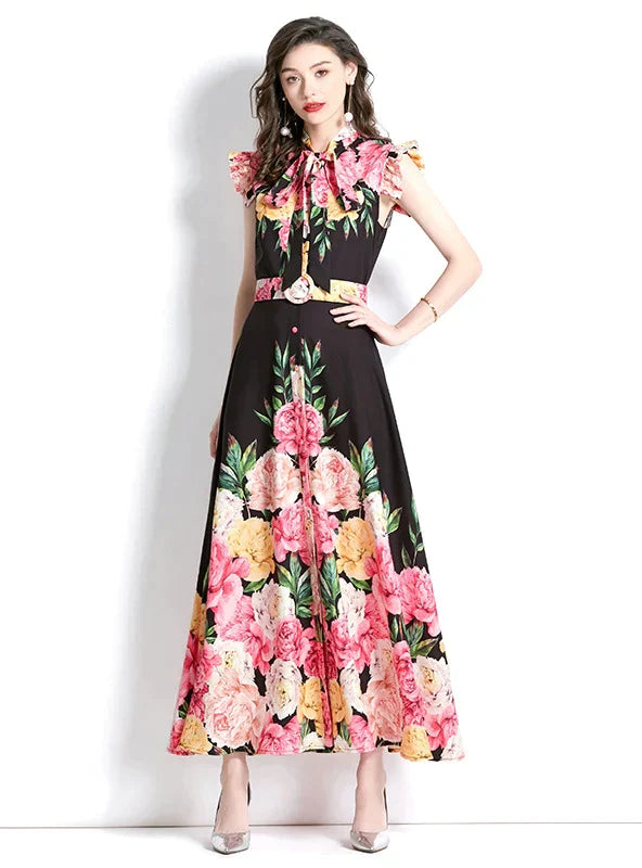 Retro Palace Long Printed Dress with Flying Sleeves