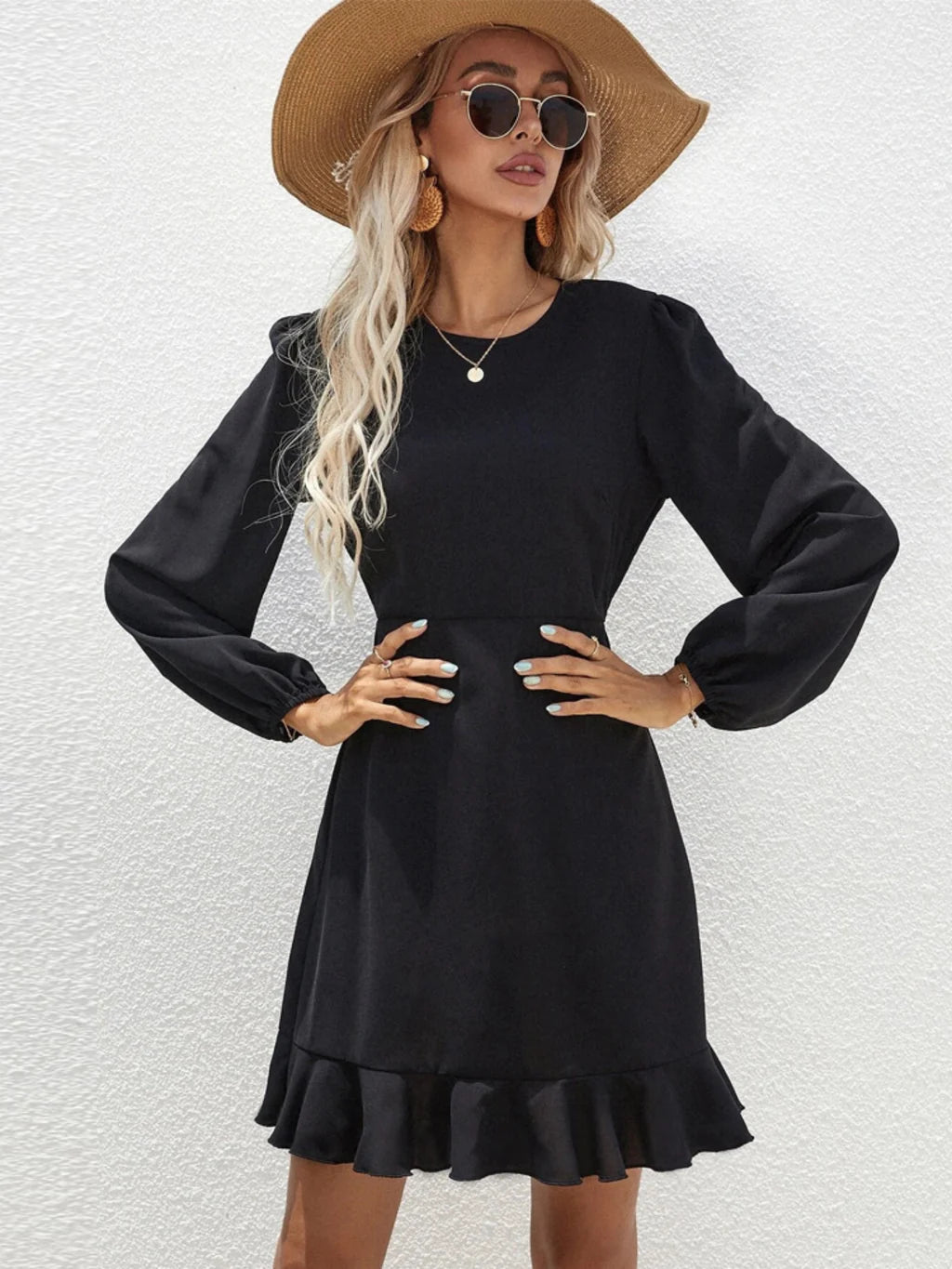 RUFFLED LONG-SLEEVED DRESS - BLACK