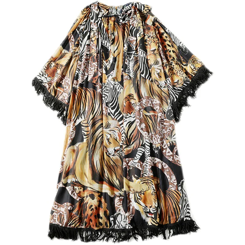 Tassel Wide Sleeves Casual Dress with Tiger Print