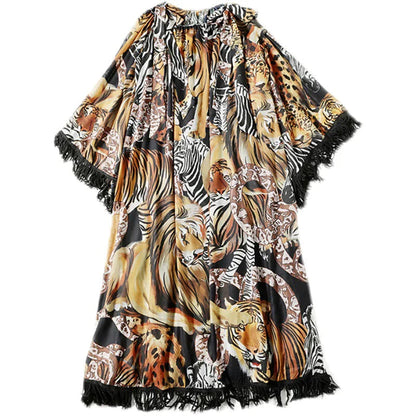 Tassel Wide Sleeves Casual Dress with Tiger Print