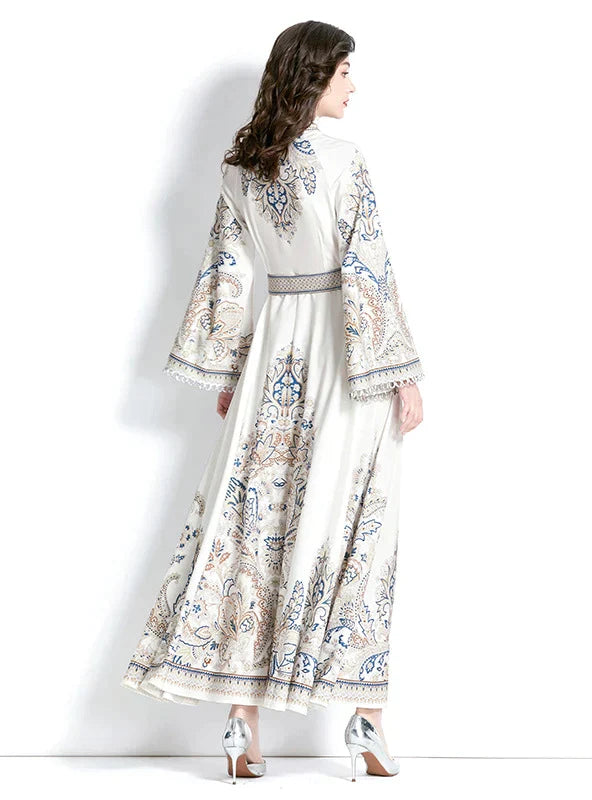 Vintage Printed Round Neck Dress with Flared Sleeves