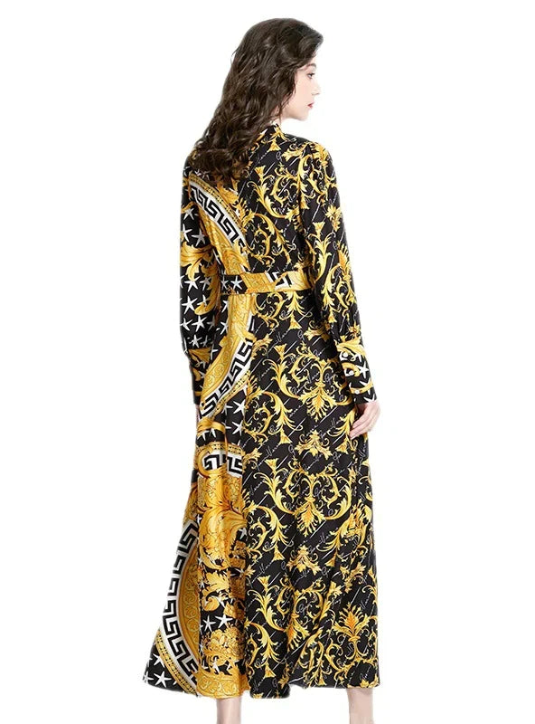 Vintage Lapel Lantern Sleeve Long Printed Dress