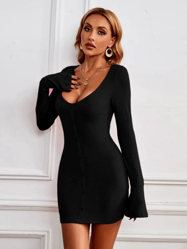 Single-Breasted Knitted Long-Sleeved Dress