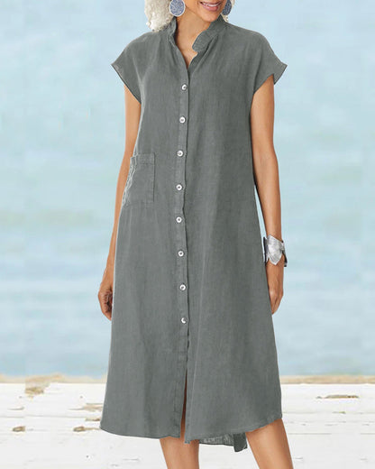 Stand collar dress with single breasted pocket