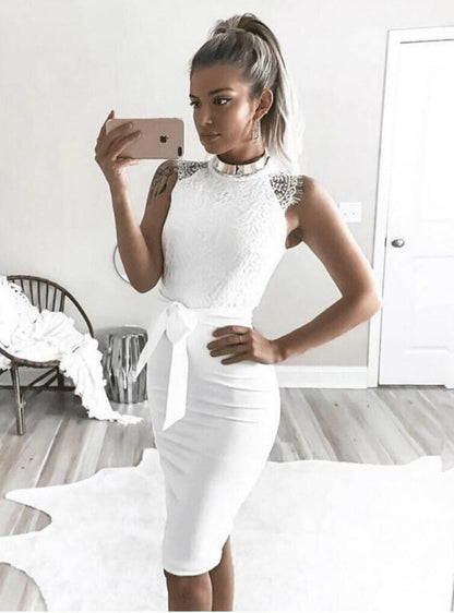 White Bodycon Dress - Knee-Length Slim Elegant Club Casual