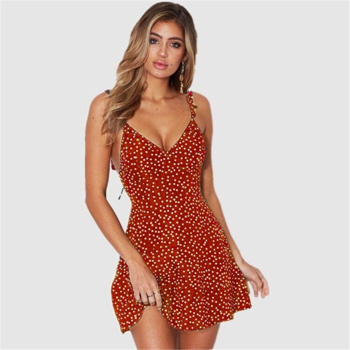 Summer V Neck A Line High Waist Dot Print Back Lace Straps Dress